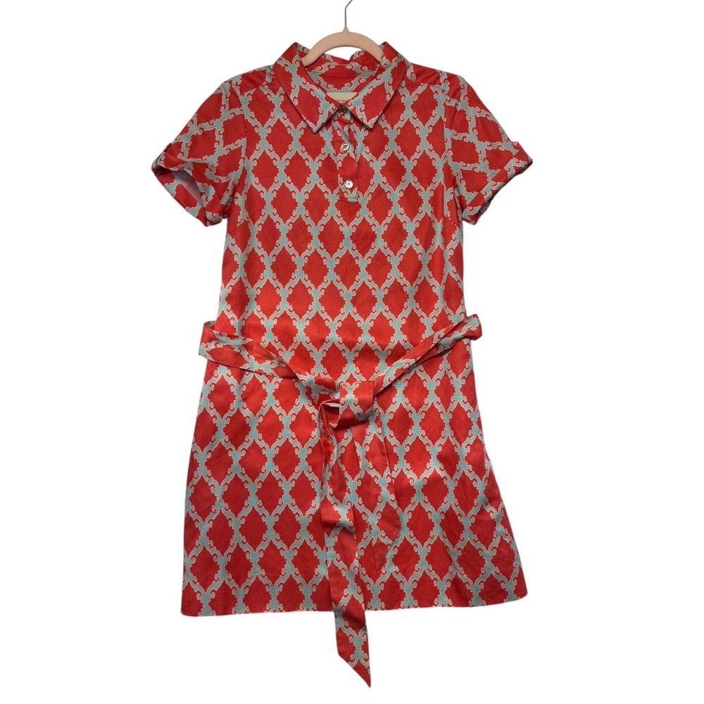 Kate Spade New York Red Blue Ikat Shirt Dress Belted Short Sleeve Size 4‎